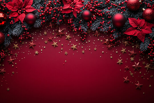 Christmas themed banner with blank space on a red background, suitable for holiday promotions or festive event announcements.