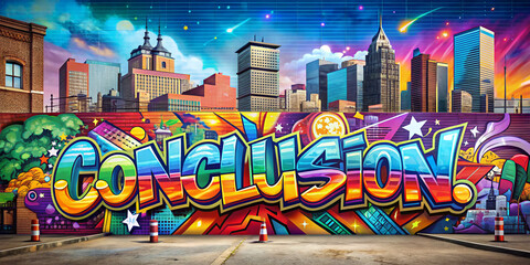 Dynamic cityscape featuring bold graffiti art, vibrant colors, with conclusion text integrated into...