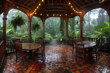 Fototapeta premium A cozy gazebo surrounded by lush rainforest during a soothing rain shower in a tropical paradise