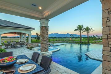 Fototapeta premium Elegant outdoor dining area with a stunning pool and mountain views at sunset in a luxurious backyard retreat