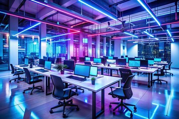Modern neon cyberpunk open space office interior blurred with information technology overlay Corpora