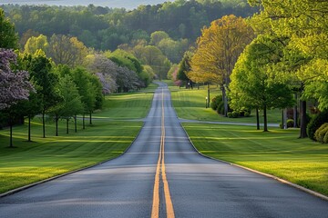Fototapeta premium A peaceful winding road lined with vibrant trees in spring, showcasing blooming flowers and lush greenery in an inviting countryside setting