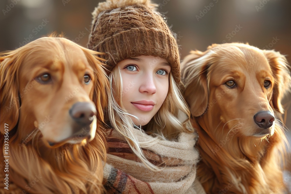 Wall mural a young woman enjoying a warm autumn day outdoors with two golden retrievers in a cozy hat and scarf