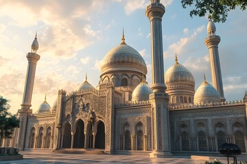 A majestic mosque with domes and minarets, showcasing intricate architectural details.