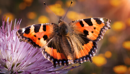 Obraz premium A stunning butterfly with striking orange and black wings perched on a purple flower, set against a blurred background of yellow blooms, capturing the essence of nature's beauty and tranquility.