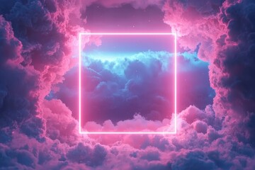 A vibrant 3D render of a glowing neon pink frame set against a surreal backdrop of dramatic clouds.Ideal for conceptual themes, abstract art, and digital innovation.