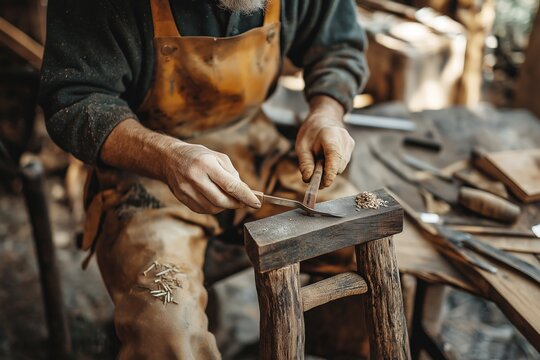 Carpenter shaping wood with a hand plane on a wooden chair leg, focused on craftsmanship, tools scattered on the bench, traditional woodworking techniques, selective focus

