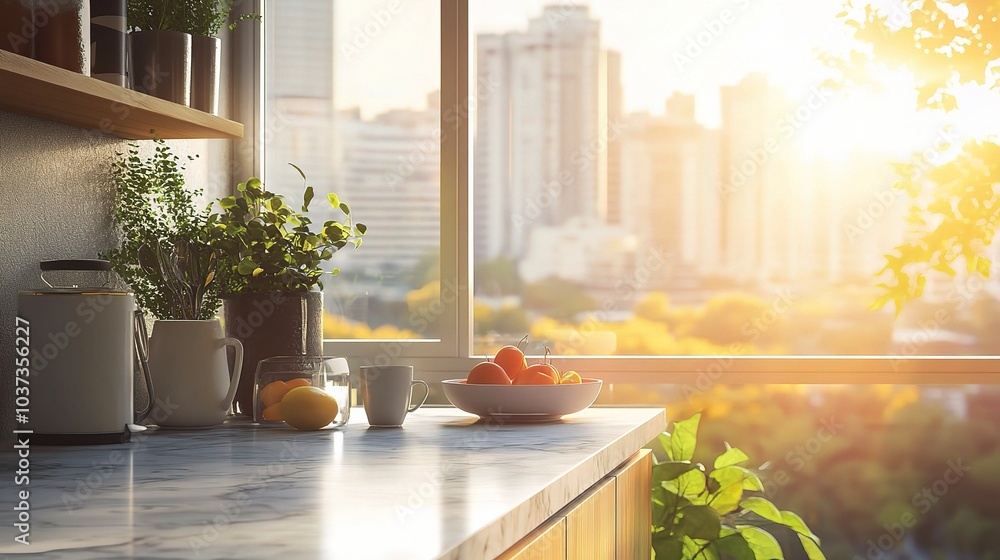 Sticker Bright Kitchen with City View at Sunrise