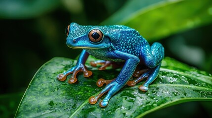 Obraz premium Vibrant Turquoise Tree Frog on Green Leaf in Rainforest