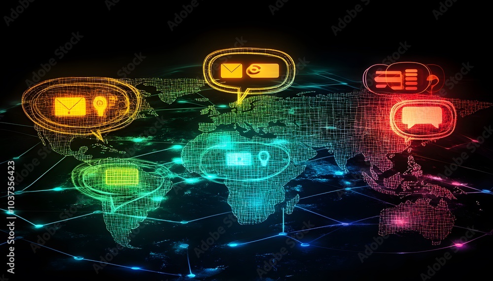 Poster a vibrant digital world map showcasing technology icons, representing virtual communication, data ex