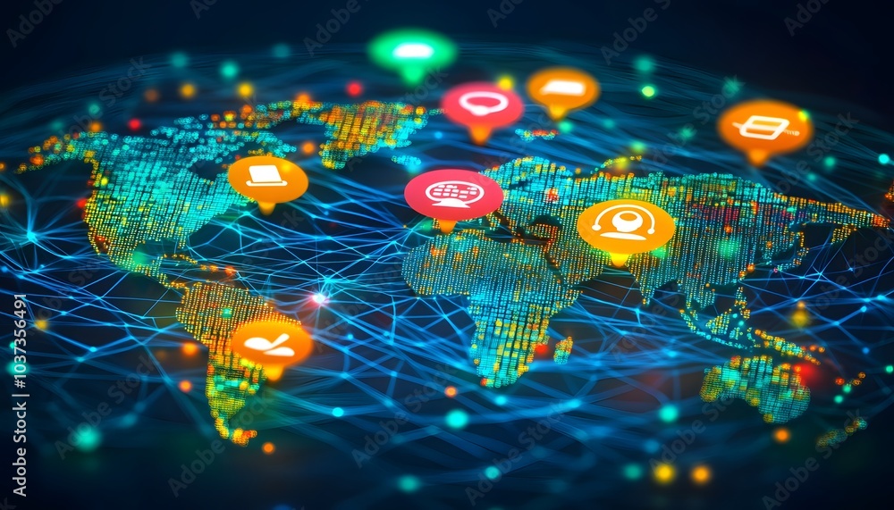 Poster a vibrant digital map showcasing global connectivity with colorful social media icons representing v