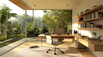 Fototapeta premium Modern Office Interior with Natural Light and Greenery