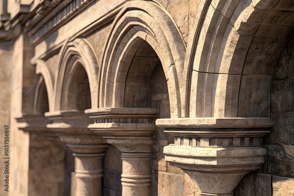 Poster detailed architectural elements featuring arches and columns in a textured stone finish.