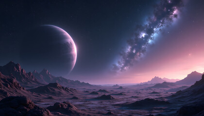 Extraterrestrial landscape with a large planet and colorful galaxy