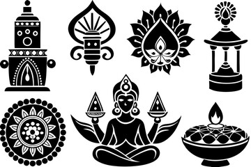 Diwali festival vector set with Hindu religious symbols and art