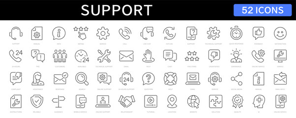 Support, customer service thin line icons set. Service, help, online support, assistance editable stroke icon. Vector