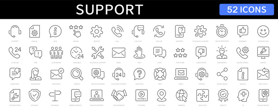 Support, customer service thin line icons set. Service, help, online support, assistance editable stroke icon. Vector