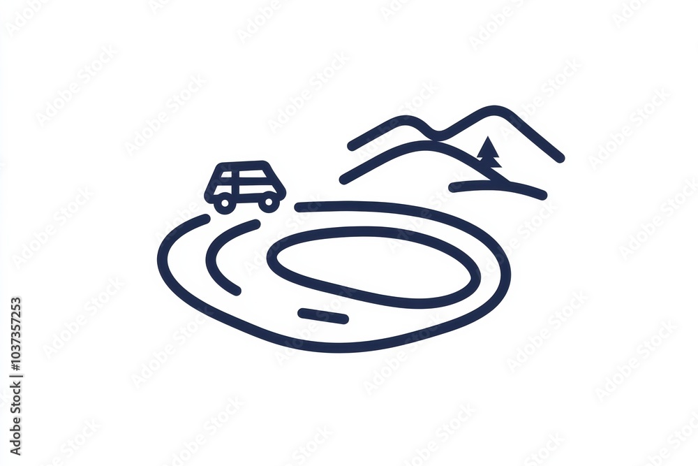 Leinwandbilder a small car navigates a winding road in a tranquil setting with distant mountains and trees, evoking