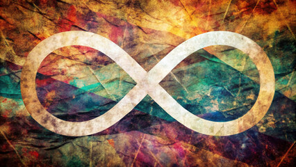 The infinity symbol stands out against a vibrant, multi-colored background of overlapping hues and textures. The dynamic color palette includes shades of red, orange and blue. AI generated.