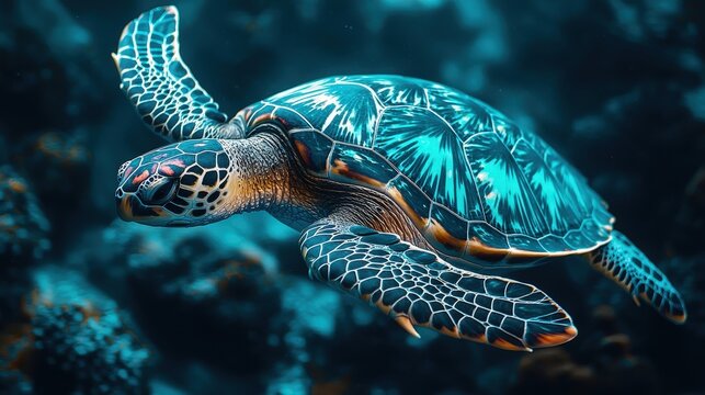 Vibrant Sea Turtle Swimming Underwater with Intricate Shell Patterns