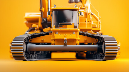 Fototapeta premium A close-up of a yellow construction vehicle with treads against a yellow background.