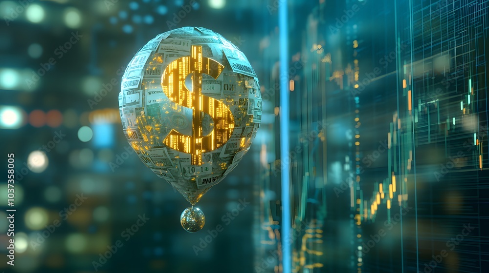 Poster a futuristic balloon shaped like a dollar symbol floats amidst glowing data graphics, symbolizing fi