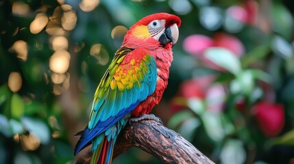 Obraz premium Colorful Scarlet Macaw Parrot Perched on Branch in Lush Green Foliage