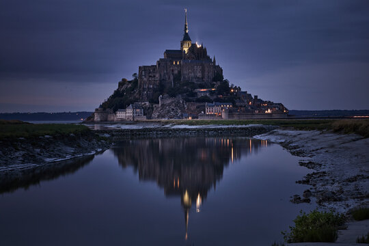 Le Mont Saint-Michel monastery at night,Normandy, France