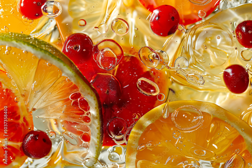Poster close up of a fruit salad with a focus on the lime and cranberries. the image has a vibrant and colo