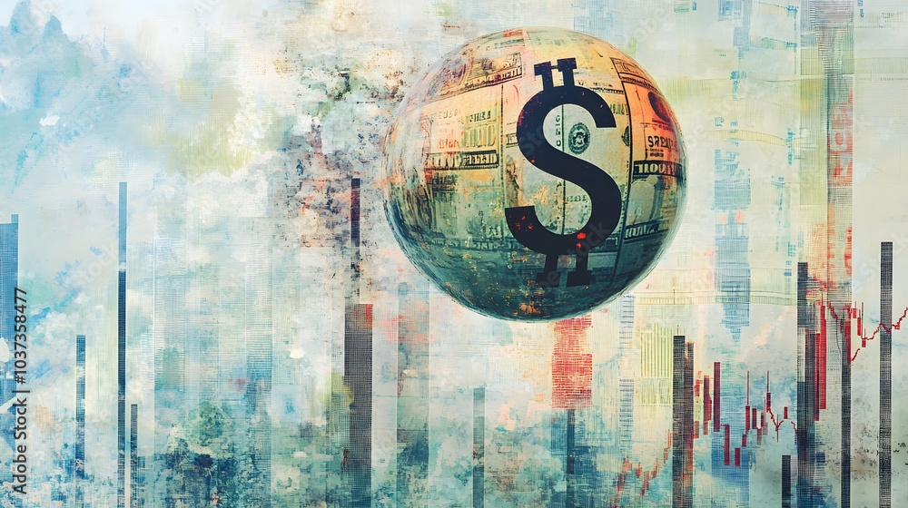 Aufkleber A digital artwork featuring a dollar symbol overlaid on an abstract background of financial graphs and textures, conveying themes of currency and economics.