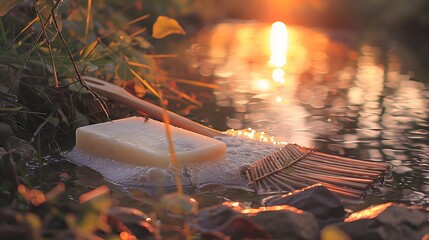 A soap bar and rake drifting along a river during a blushing sunset