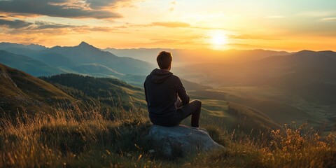 Obraz premium A solitary figure sits on a rock, contemplating the vast sunset panorama over mountains.