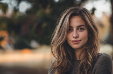 Obraz premium A young woman with long hair smiles outdoors, surrounded by greenery and a natural, lush background.