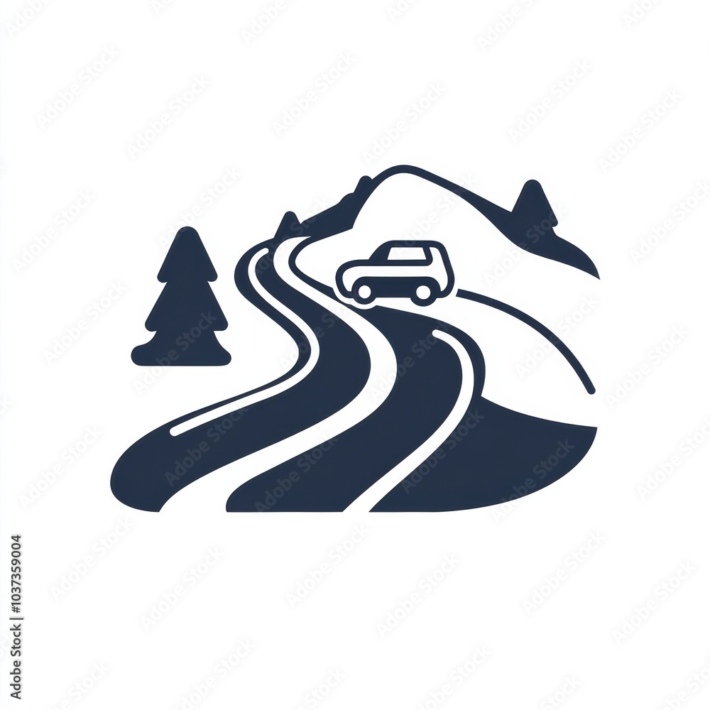 Poster a small car moves along a winding road, passing by trees and mountains in a tranquil, natural enviro