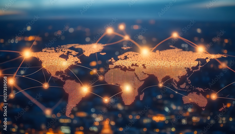 Fototapete a glowing world map with connected dots symbolizes global networking, technology, and interconnected