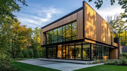 Modern House with Wood Siding and Large Windows