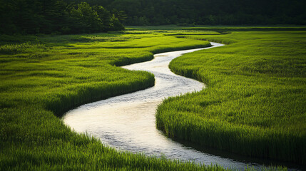 A peaceful river winding through a vibrant green meadow, inviting for a relaxing day out.