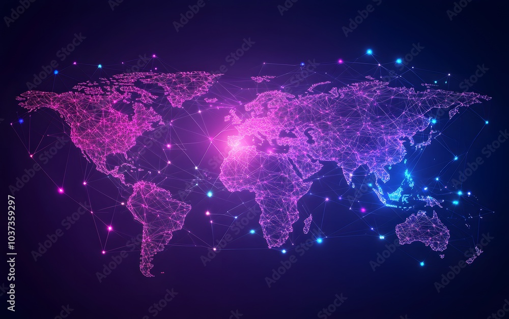 Poster a vibrant, digital representation of a world map, illuminated with glowing dots and lines, showcasin