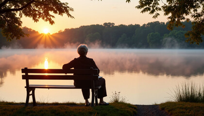 Elderly woman sitting on bench watching sunrise by the lake