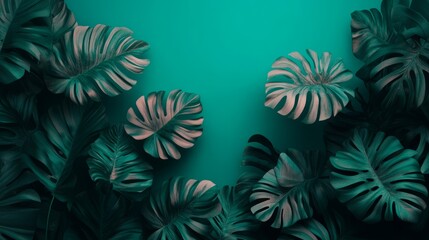 Lush green tropical leaves arranged on a vibrant teal background.