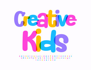 Vector funny badge Creative Kids. Playful Children Font. Bright Colorful Alphabet Letters and Numbers set.