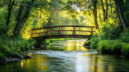 Fototapeta premium A peaceful river scene with a wooden bridge crossing over, inviting exploration.