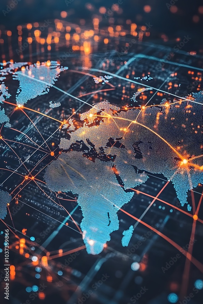 Aufkleber a digital world map with glowing connections, representing global data flow and technology.
