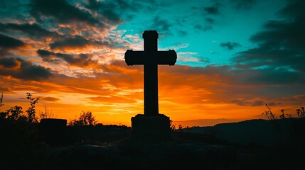 Faith and Hope. Cross Silhouette Against a Vibrant Sunrise Sky