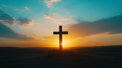 Faith and Hope. Cross Silhouette Against a Vibrant Sunrise Sky