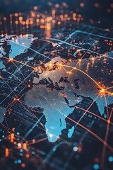 Fototapeta premium A digital world map with glowing connections, representing global data flow and technology.