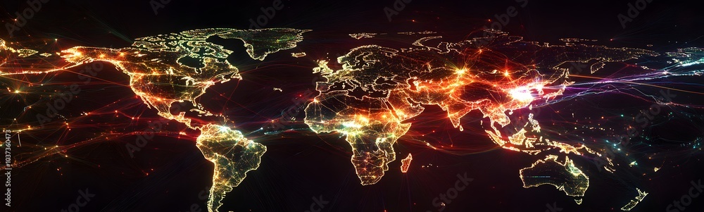 Poster a vibrant, illuminated map of the world showcases the interconnectedness of cities with glowing ligh