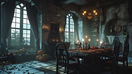 Naklejka premium A spooky lunch with costumed things pillows and chairs