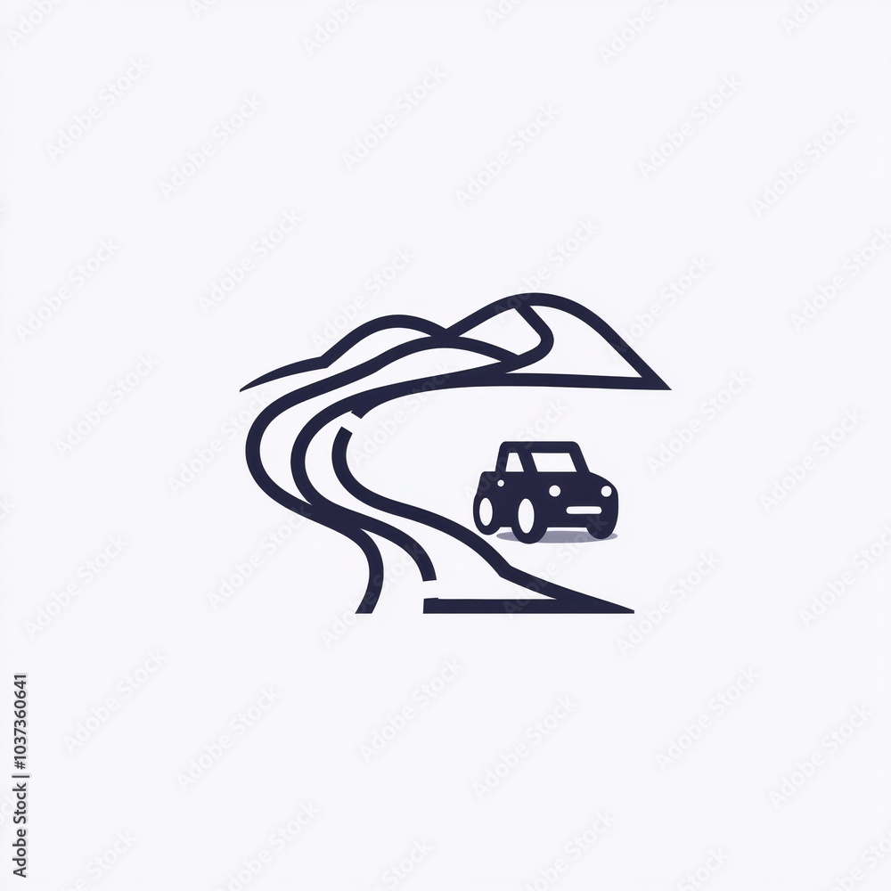 Poster a simple car drives on a winding road with hills in the background, capturing a sense of adventure a
