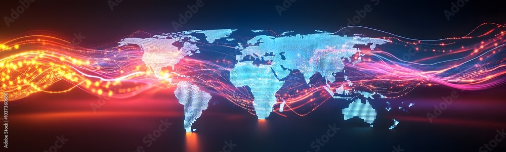 Aufkleber A vibrant digital world map illuminated by flowing neon lines, representing global connectivity and technology in a modern context.